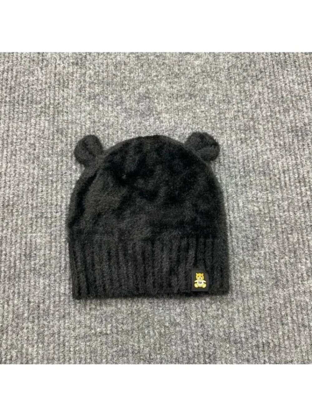Teddy Fresh Classic Black Fuzzy Bear Ear Beanie Logo Tab Pull On Winter Hat OS